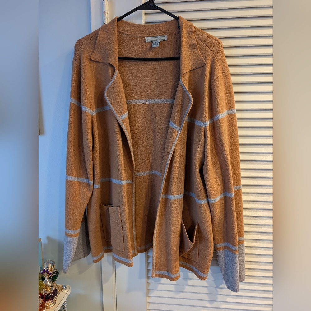 Tan and Gray Striped Open Cardigan